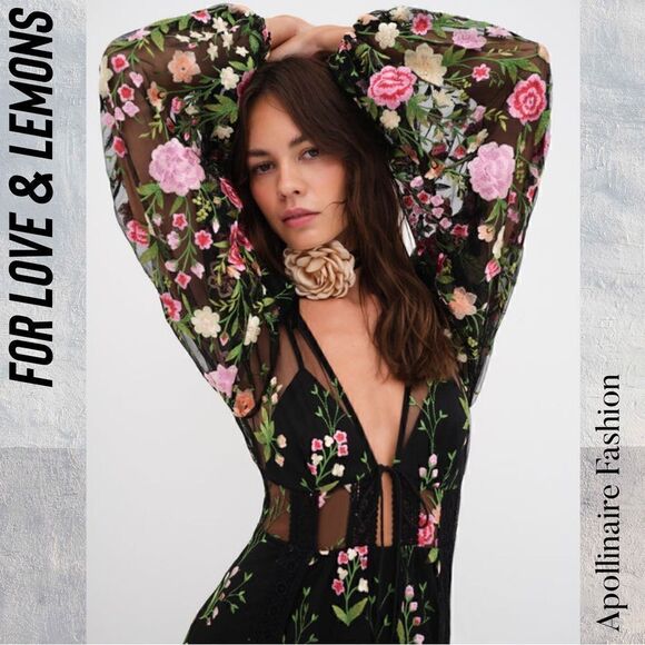FOR LOVE AND LEMONS LUNA MAXI DRESS IN BLACK COMBO NWT XS FLORAL SHEER EMBROIDER - Picture 3 of 10